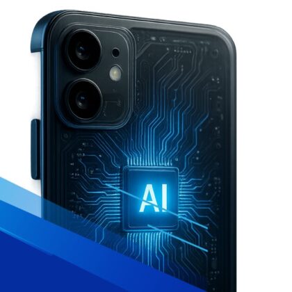 Smartphone con chip AI visibile e circuiti luminosi in stile realistico
