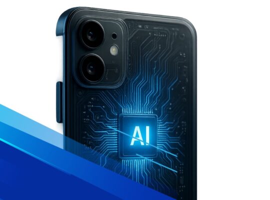 Smartphone con chip AI visibile e circuiti luminosi in stile realistico