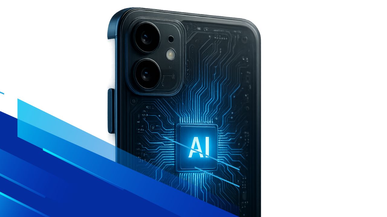 Smartphone con chip AI visibile e circuiti luminosi in stile realistico
