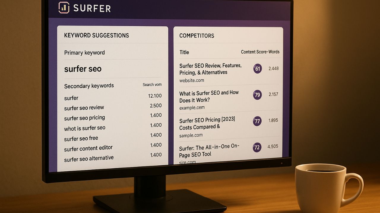 Schermata di SurferSEO con analisi keyword e ottimizzazione AI